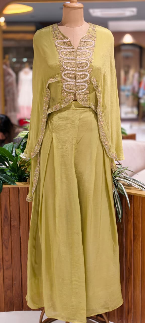 Elegant Cut-Dana Embroidered High-Low Outer Layered Top & Flared Palazzo Bottom In Chinon Fabric- 15366