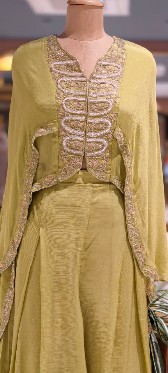 Elegant Cut-Dana Embroidered High-Low Outer Layered Top & Flared Palazzo Bottom In Chinon Fabric- 15366