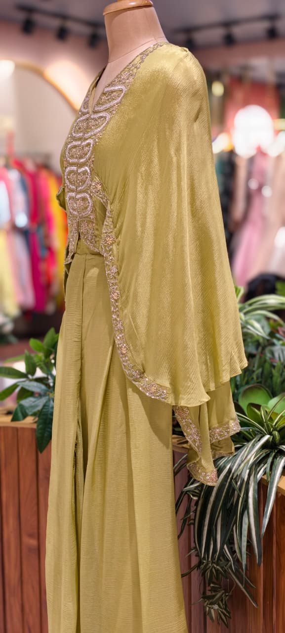 Elegant Cut-Dana Embroidered High-Low Outer Layered Top & Flared Palazzo Bottom In Chinon Fabric- 15366