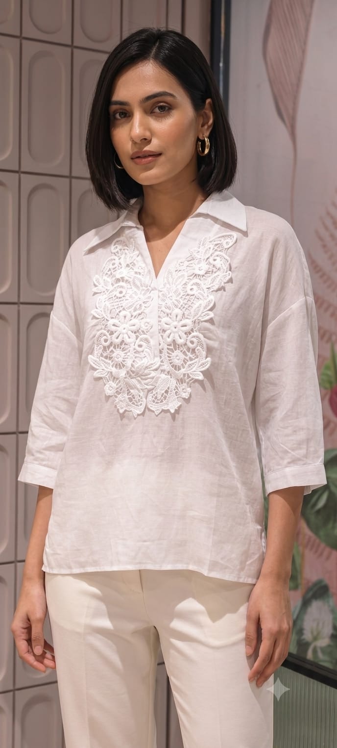 Elysian Lace-Applique Solid Tunic Imported Shirt- 15151