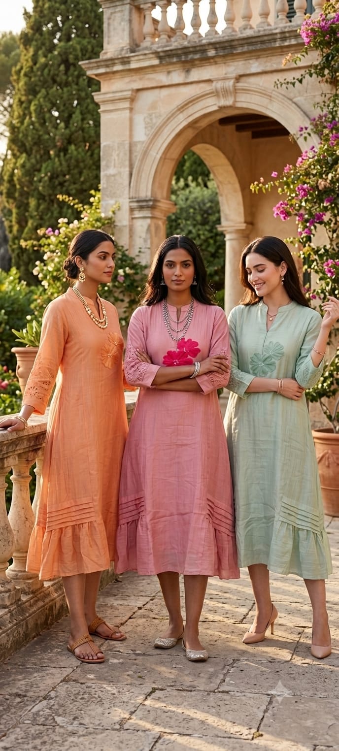 Mandarin Collar Ankle Length Mul-Chanderi Frock with 3D Floral Applique Yoke- 15421