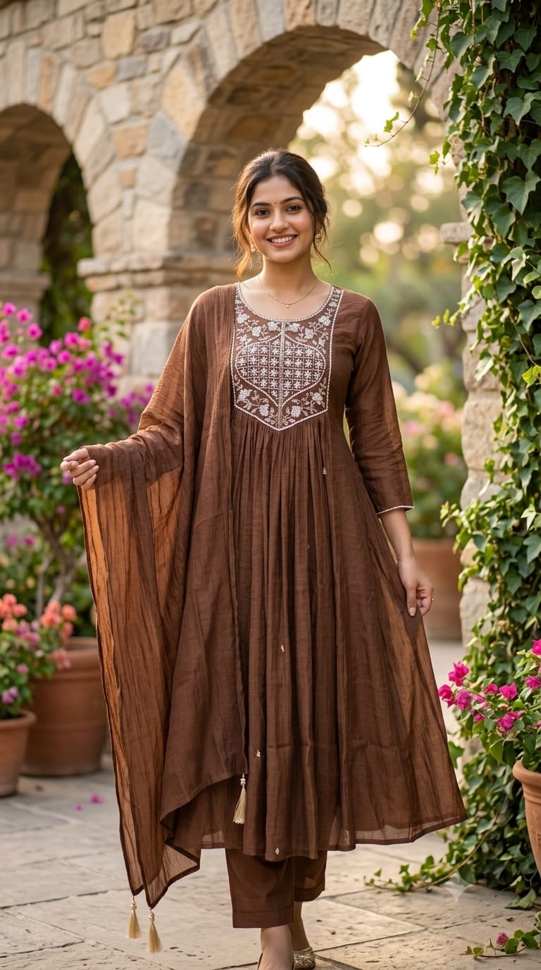 Tiny Pearl With Cut-Dana Embroidered Yoke Flared A-Line Crush Surat Mul-Chanderi Full Suit Set with Dupatta- 15422