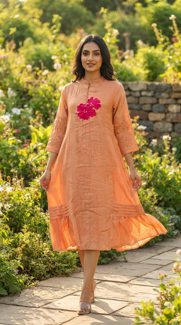 Mandarin Collar Ankle Length Mul-Chanderi Frock with 3D Floral Applique Yoke- 15421