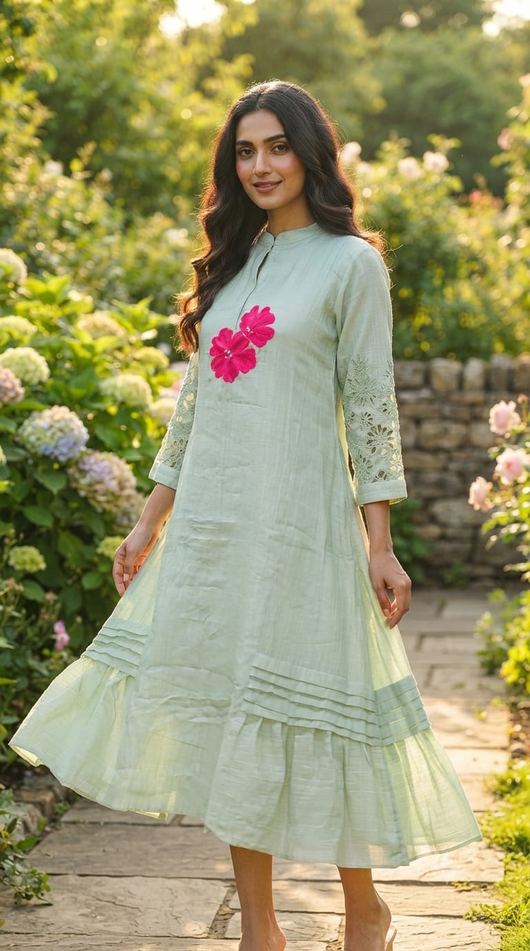 Mandarin Collar Ankle Length Mul-Chanderi Frock with 3D Floral Applique Yoke- 15421