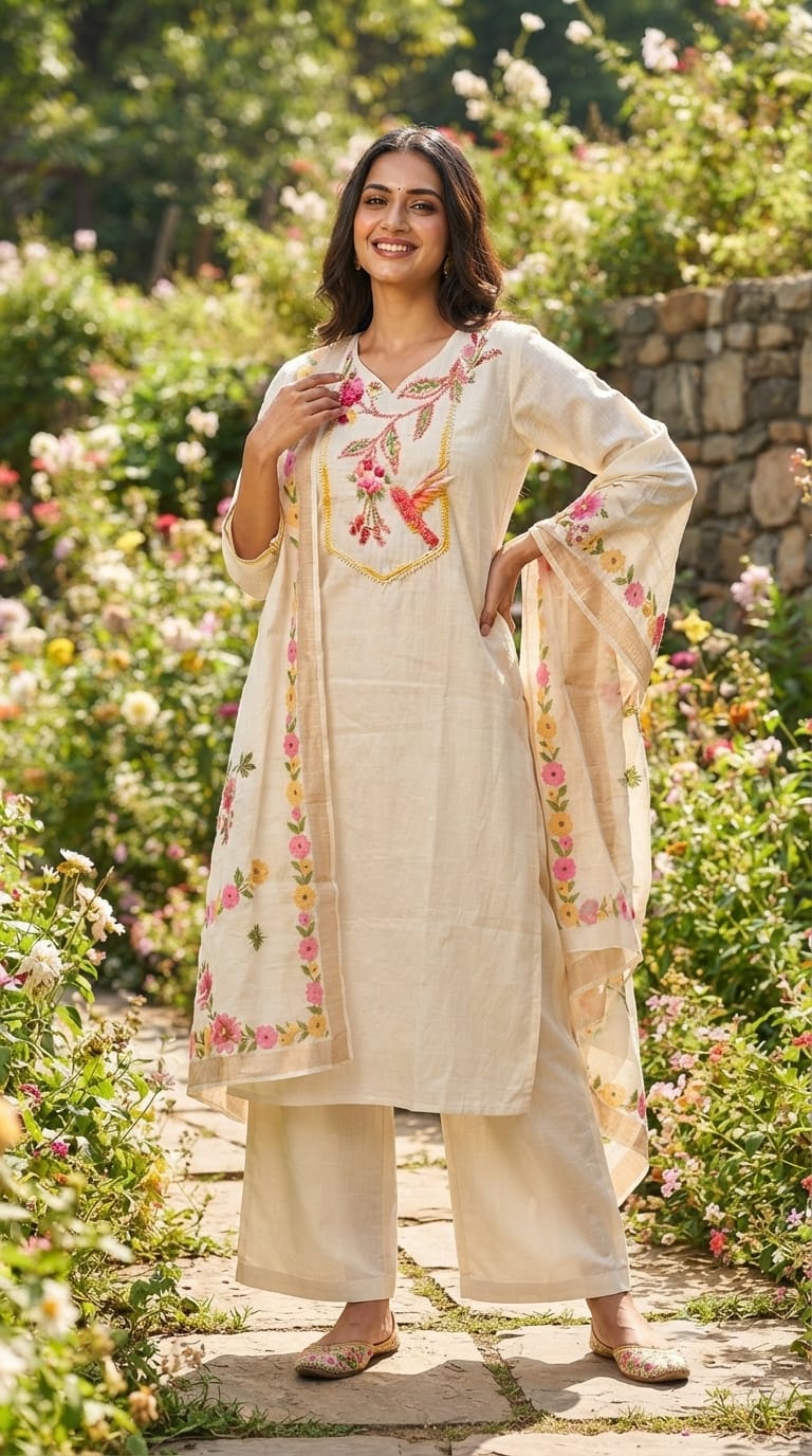 Crochet Gardenia Figure Embroidered Kora Cotton Full Suit Set With Dupatta- 14689