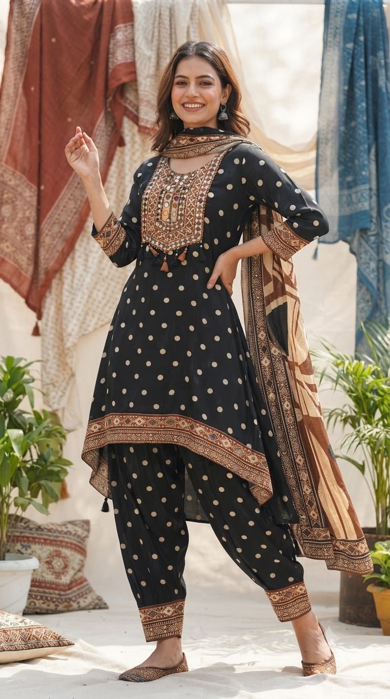 Boho Chich Tribal Inspired Multicolor Print Crepe Full Suit Set With Dupatta & Farsi Bottom- 15417, 15120