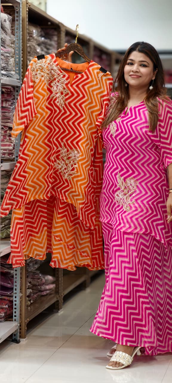 Zig-Zag Leheriya Print Peplum High & Low Top and Palazzo Set with Zardosi Floral Embroidery- 15428
