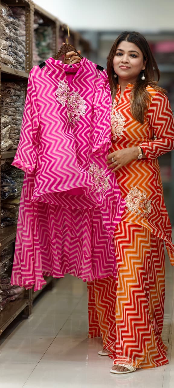 Chevron Leheriya Print Asymmetric Peplum One Side High & Low Top and Palazzo Set with Floral Zardosi Embroidery- 15429