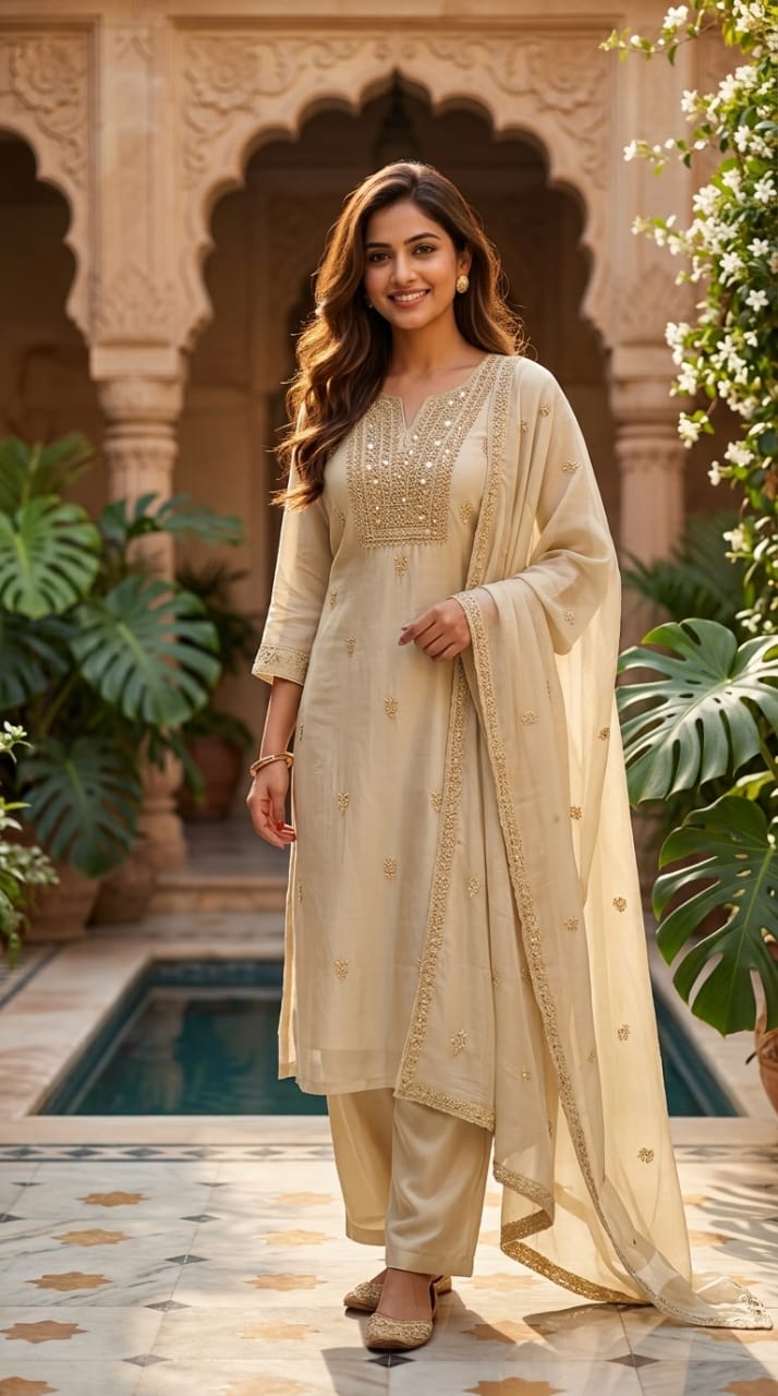 Foil Mirror Detailing Chikankari Embroidered Yoke Solid Organza Full Suit Set With Dupatta- 15376