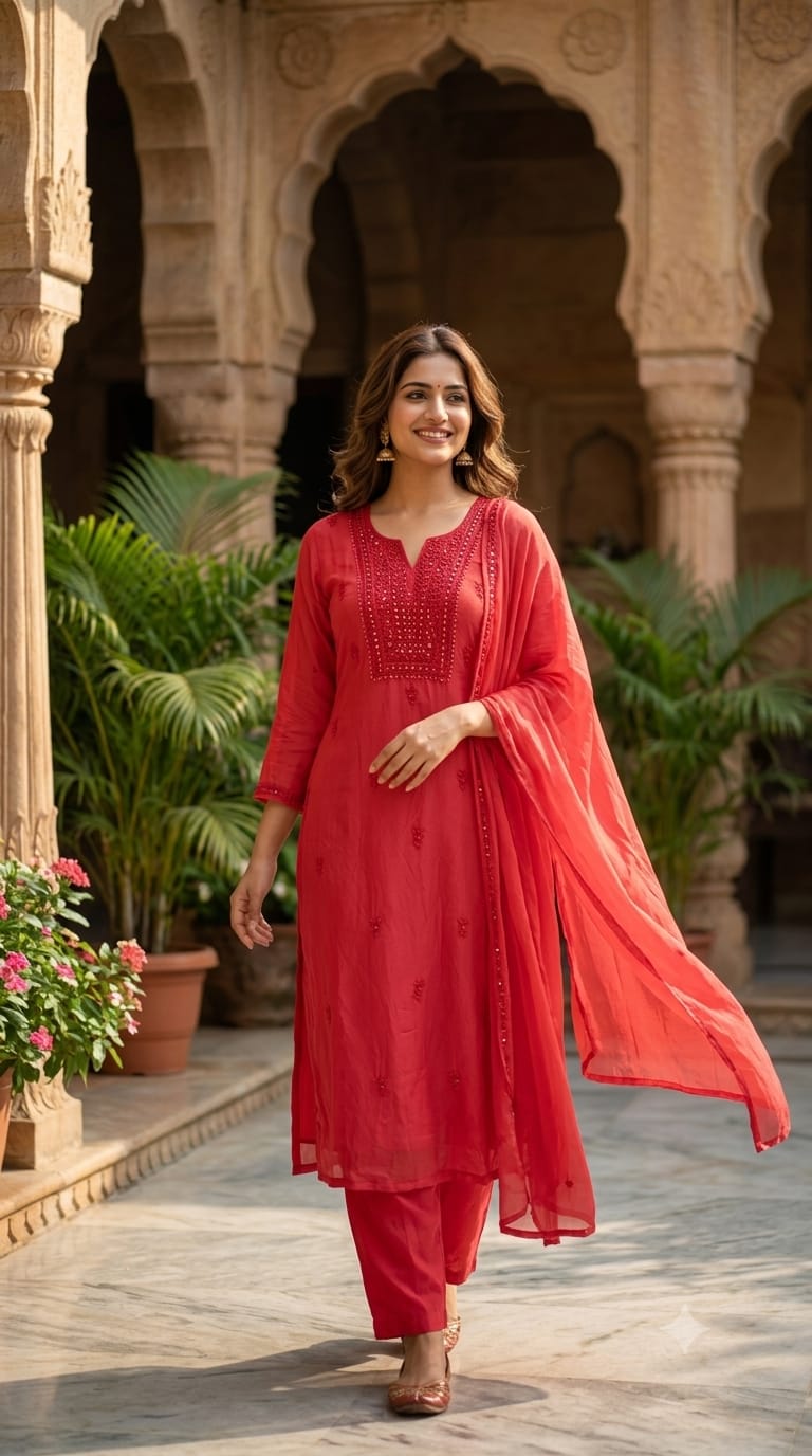 Foil Mirror Detailing Chikankari Embroidered Yoke Solid Organza Full Suit Set With Dupatta- 15376