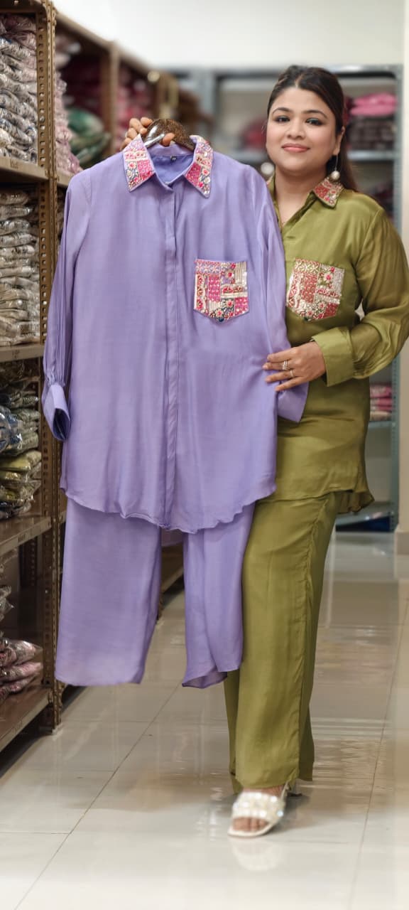 Premium Chinon Multicolor Boho Collar With Pocket Co-Ord Set- 15364