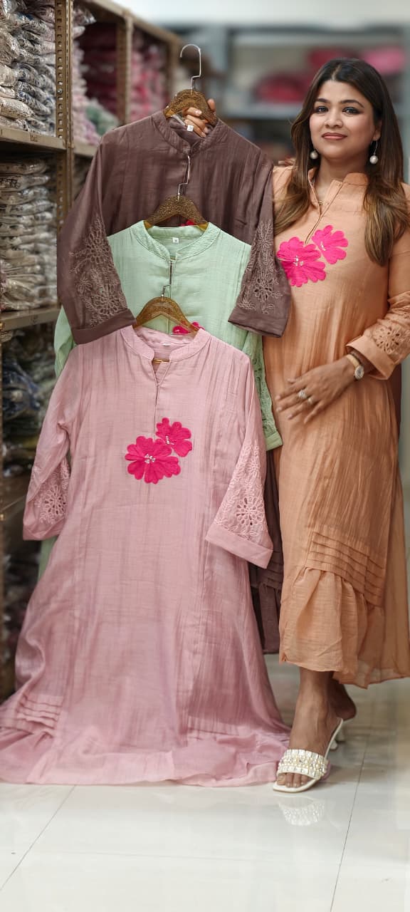Mandarin Collar Ankle Length Mul-Chanderi Frock with 3D Floral Applique Yoke- 15421
