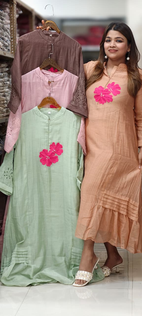 Mandarin Collar Ankle Length Mul-Chanderi Frock with 3D Floral Applique Yoke- 15421