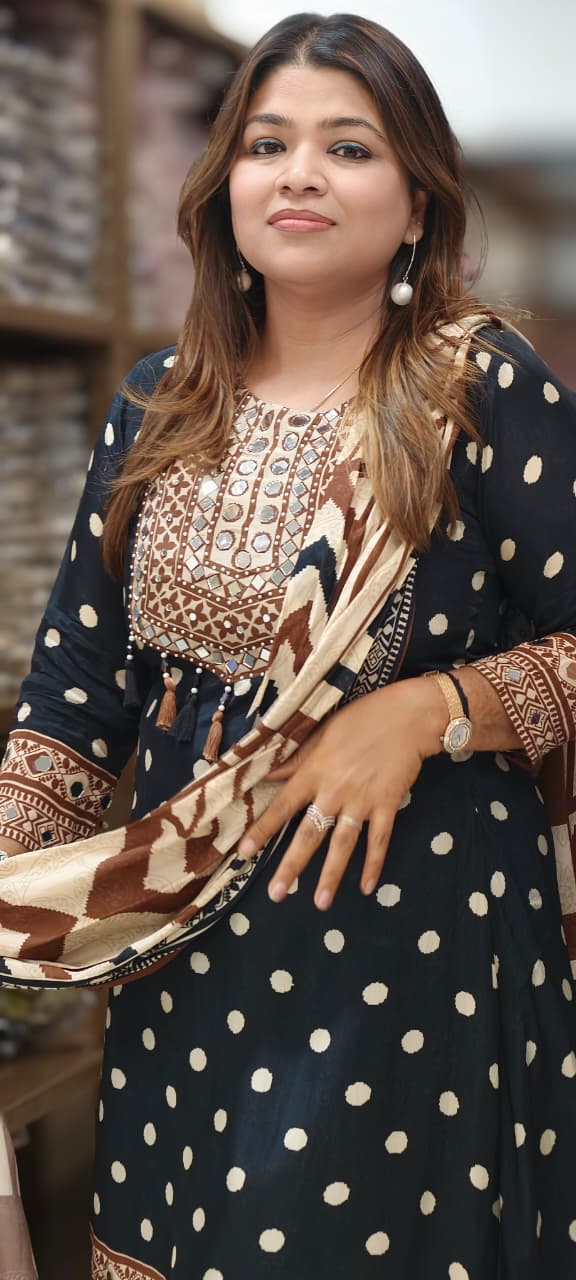 Boho Chich Tribal Inspired Multicolor Print Crepe Full Suit Set With Dupatta & Farsi Bottom- 15417, 15120