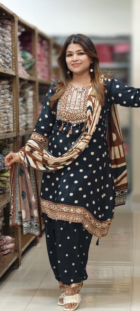 Boho Chich Tribal Inspired Multicolor Print Crepe Full Suit Set With Dupatta & Farsi Bottom- 15417, 15120