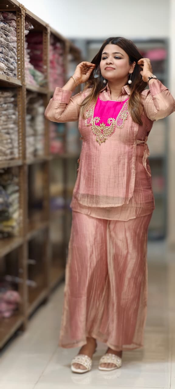 Premium Crush Tissue Mango Buti Embroidered Contrasted Yoke Overlay Co-Ord Set-15328