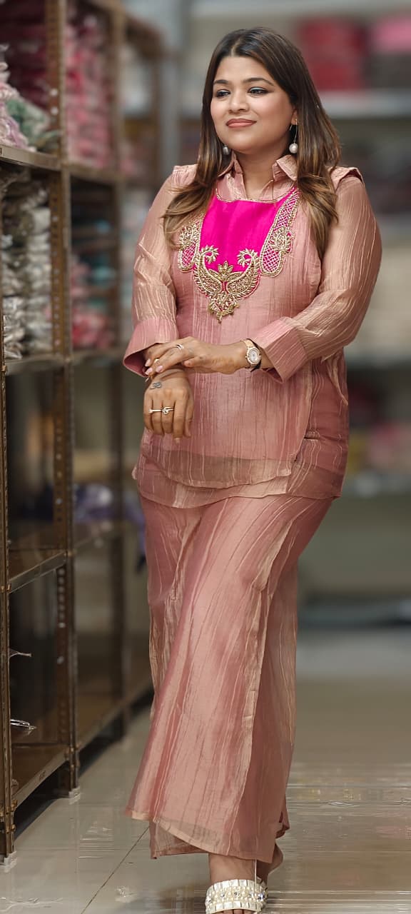 Premium Crush Tissue Mango Buti Embroidered Contrasted Yoke Overlay Co-Ord Set-15328