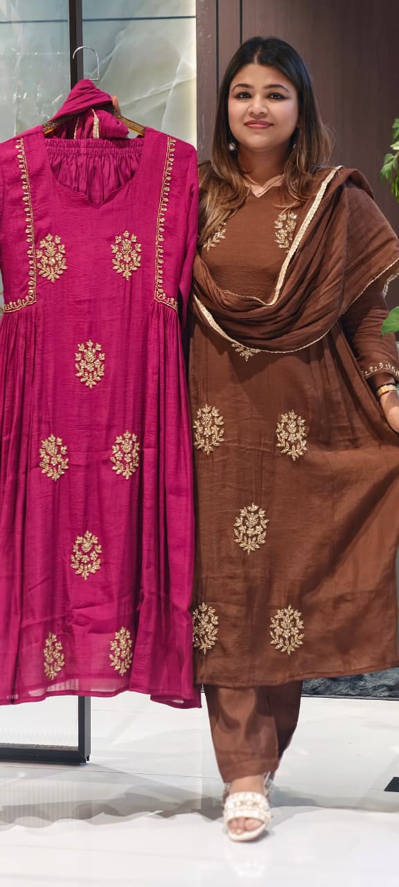 Crush Surat Mul-Chanderi Embroidered Side Pleated A-Line Full Suit Set with Dupatta- 15423