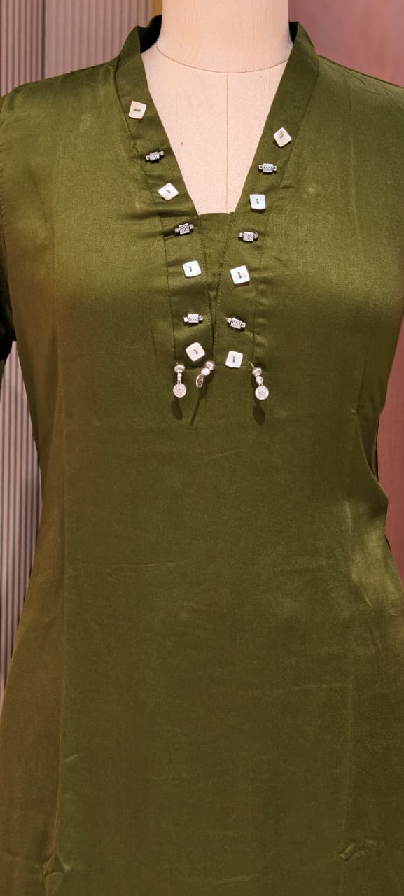 Boho Neckline Solid High-Low Kurta With Printed Bottom- 15354