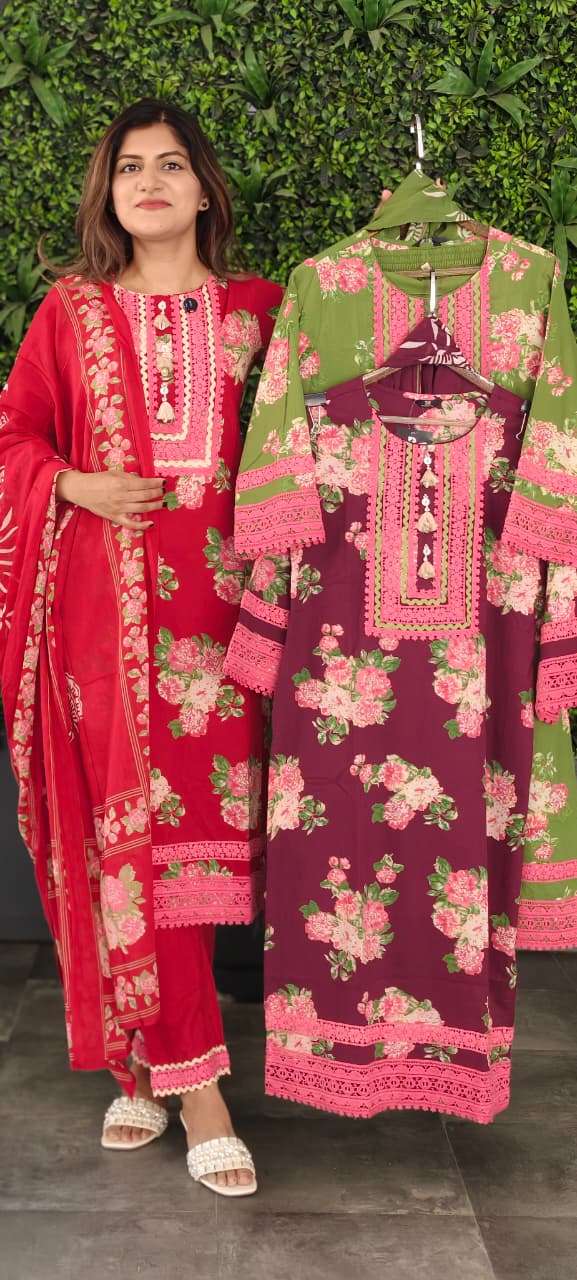 Crosia Lace Detailing Floral Printed Cotton Full Suit Set With Dupatta- 15262
