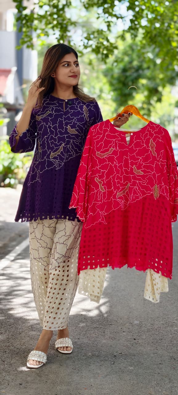 Contemporary Abstract Embroidered with Geometric Cutwork Russian Silk Co-Ord Set- 15224