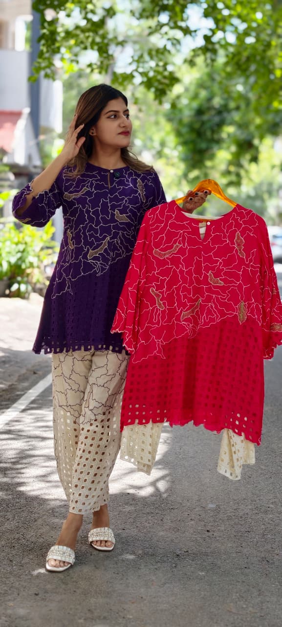 Contemporary Abstract Embroidered with Geometric Cutwork Russian Silk Co-Ord Set- 15224
