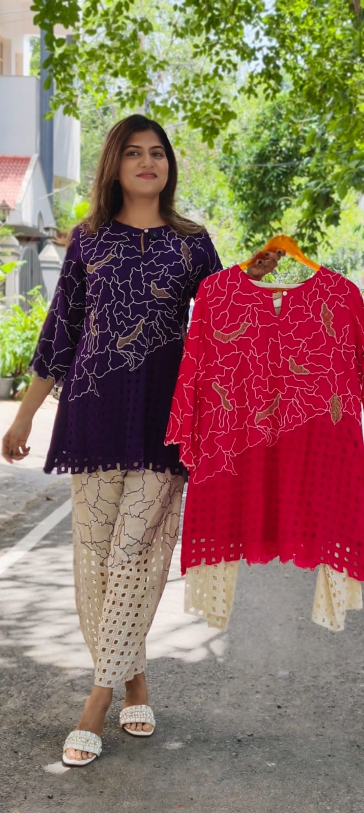 Contemporary Abstract Embroidered with Geometric Cutwork Russian Silk Co-Ord Set- 15224