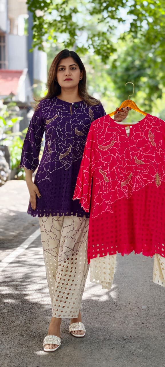 Contemporary Abstract Embroidered with Geometric Cutwork Russian Silk Co-Ord Set- 15224