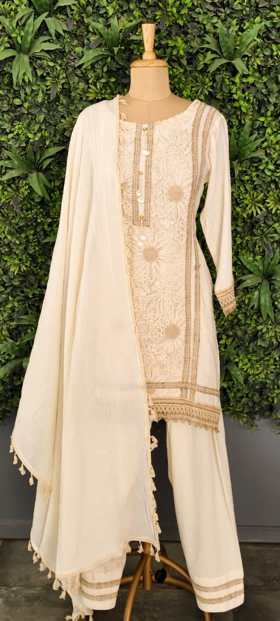 Ivory Floral Cutwork Embroidered 3-Piece Full Suit Set with Seashell Accents -14898