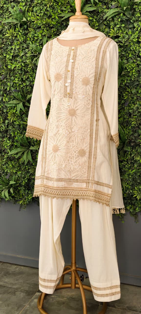 Ivory Floral Cutwork Embroidered 3-Piece Full Suit Set with Seashell Accents -14898