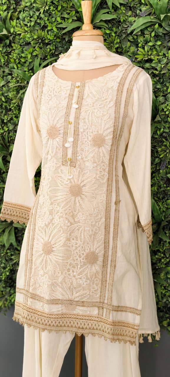 Ivory Floral Cutwork Embroidered 3-Piece Full Suit Set with Seashell Accents -14898