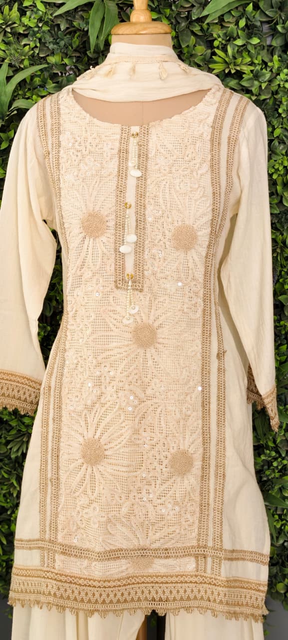 Ivory Floral Cutwork Embroidered 3-Piece Full Suit Set with Seashell Accents -14898