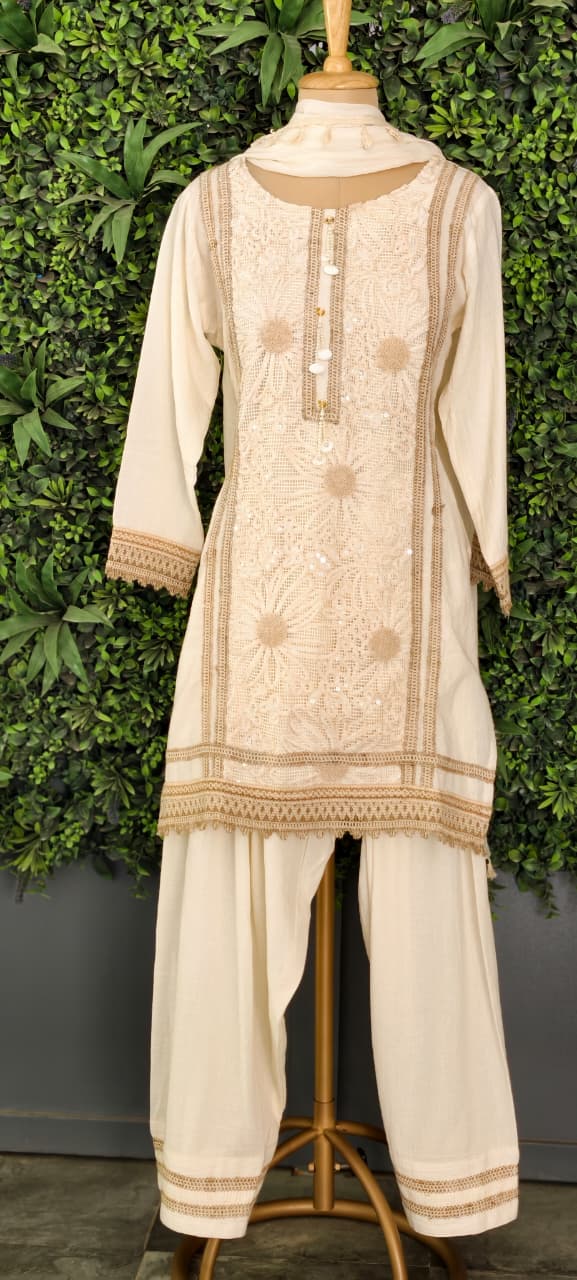 Ivory Floral Cutwork Embroidered 3-Piece Full Suit Set with Seashell Accents -14898