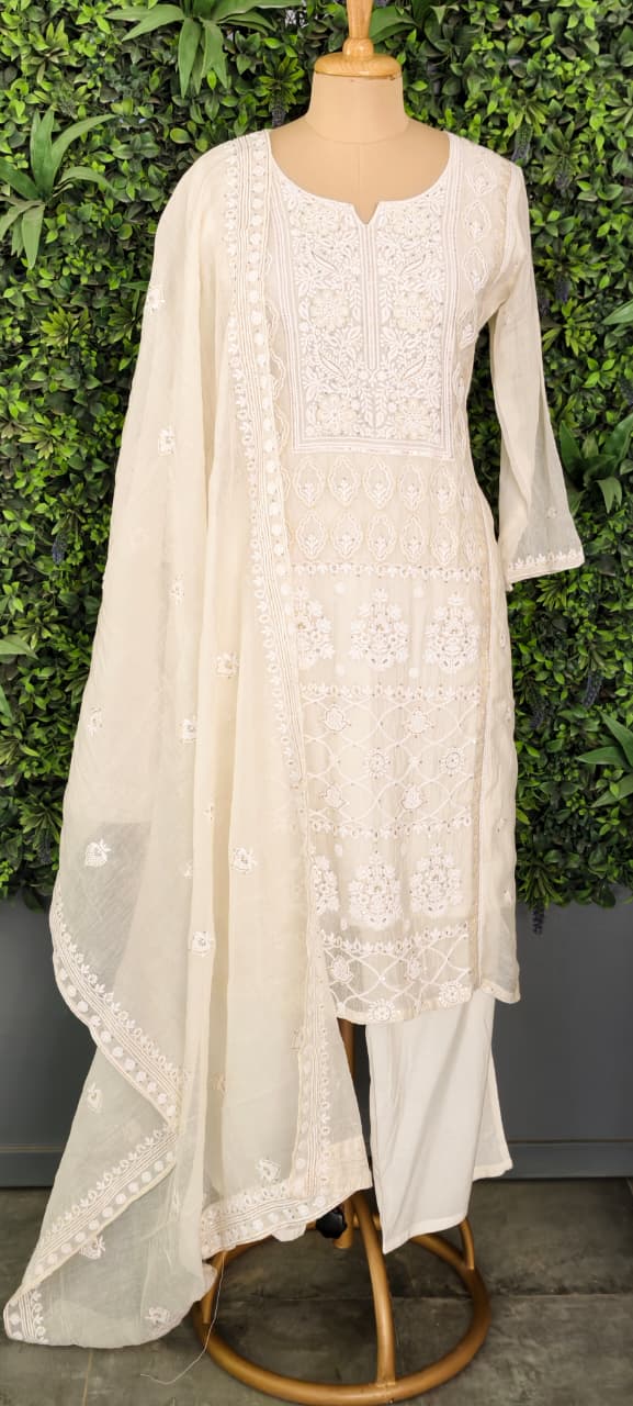Chikankari Pure Thread Embroidered Decent Tone Full Suit Set With Dupatta In Mul Chanderi Fabric-14250 RB236