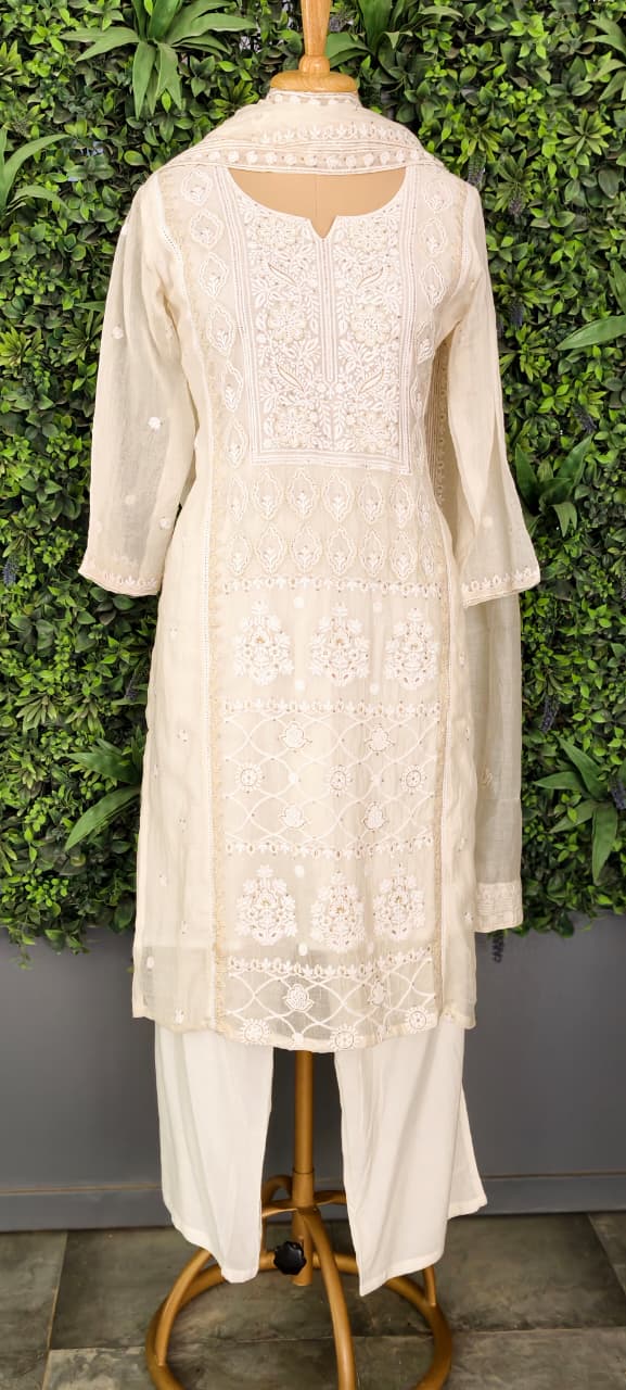 Chikankari Pure Thread Embroidered Decent Tone Full Suit Set With Dupatta In Mul Chanderi Fabric-14250 RB236