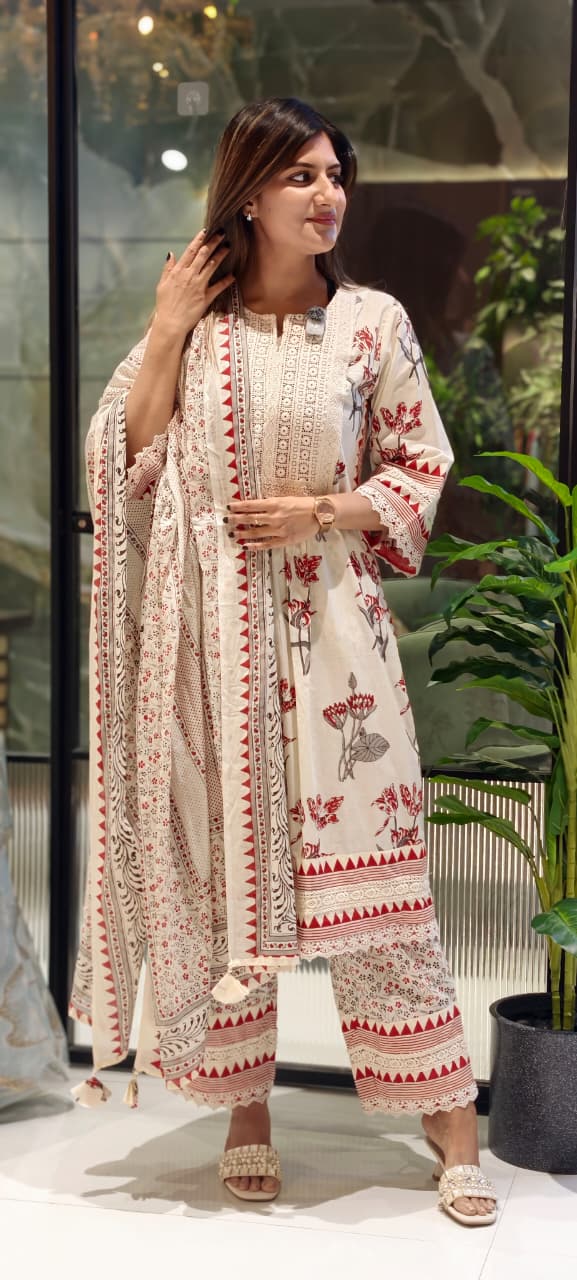 Floral Printed Lace Detailing A-Line Cotton Full Suit Set With Dupatta-15407