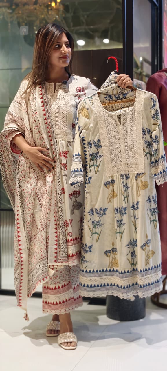Floral Printed Lace Detailing A-Line Cotton Full Suit Set With Dupatta-15407