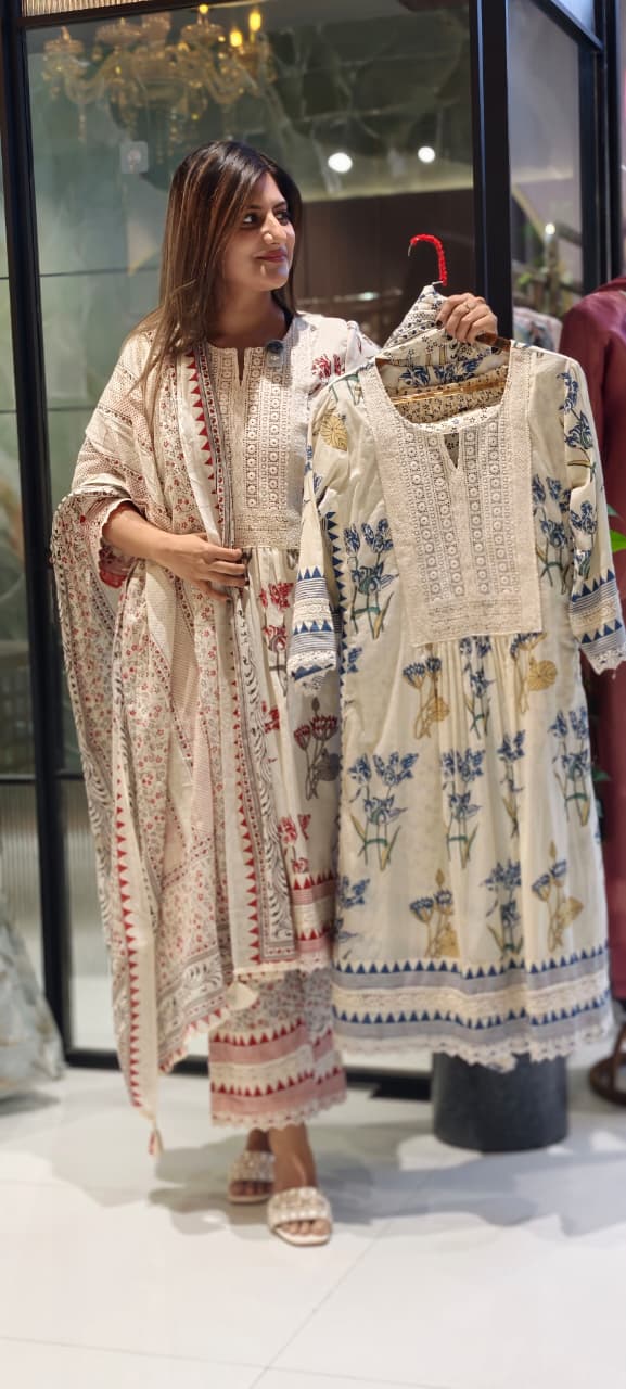 Floral Printed Lace Detailing A-Line Cotton Full Suit Set With Dupatta-15407