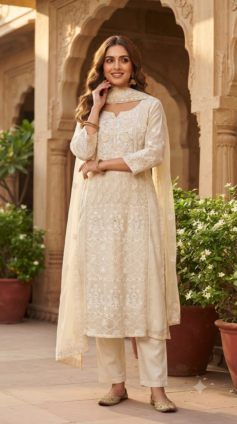 Chikankari Pure Thread Embroidered Decent Tone Full Suit Set With Dupatta In Mul Chanderi Fabric-14250 RB236