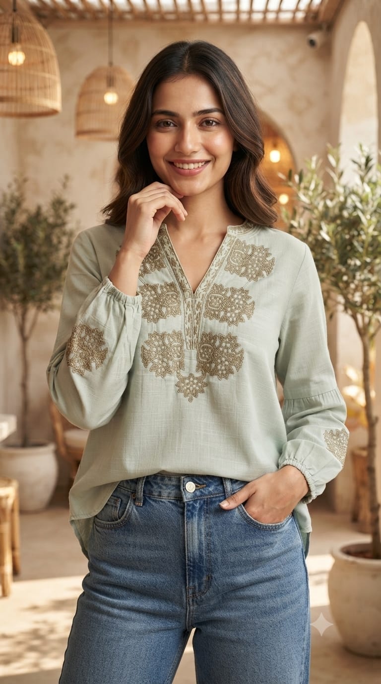 Rich Thread Embroidery Chinese Collar Imported Casual Top- 15145