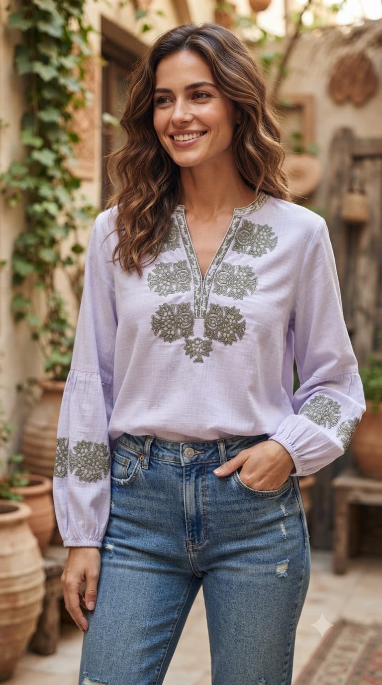 Rich Thread Embroidery Chinese Collar Imported Casual Top- 15145