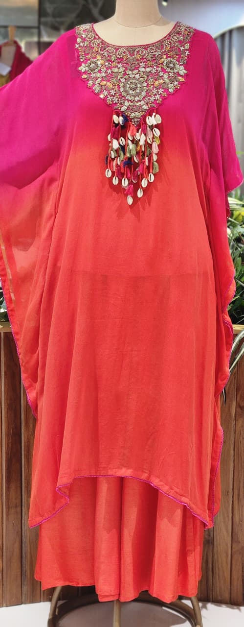 Ombre Pink and Orange Kaftan Kurta Pant Set with Cowrie Shell and Tassel Embellishments- 13261