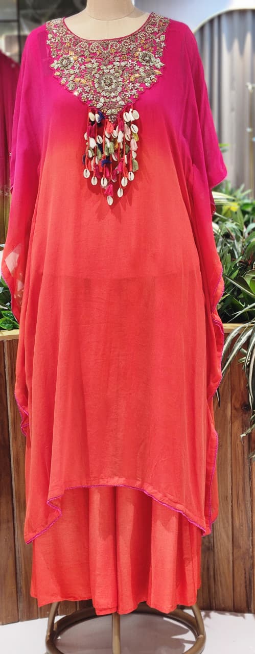 Ombre Pink and Orange Kaftan Kurta Pant Set with Cowrie Shell and Tassel Embellishments- 13261