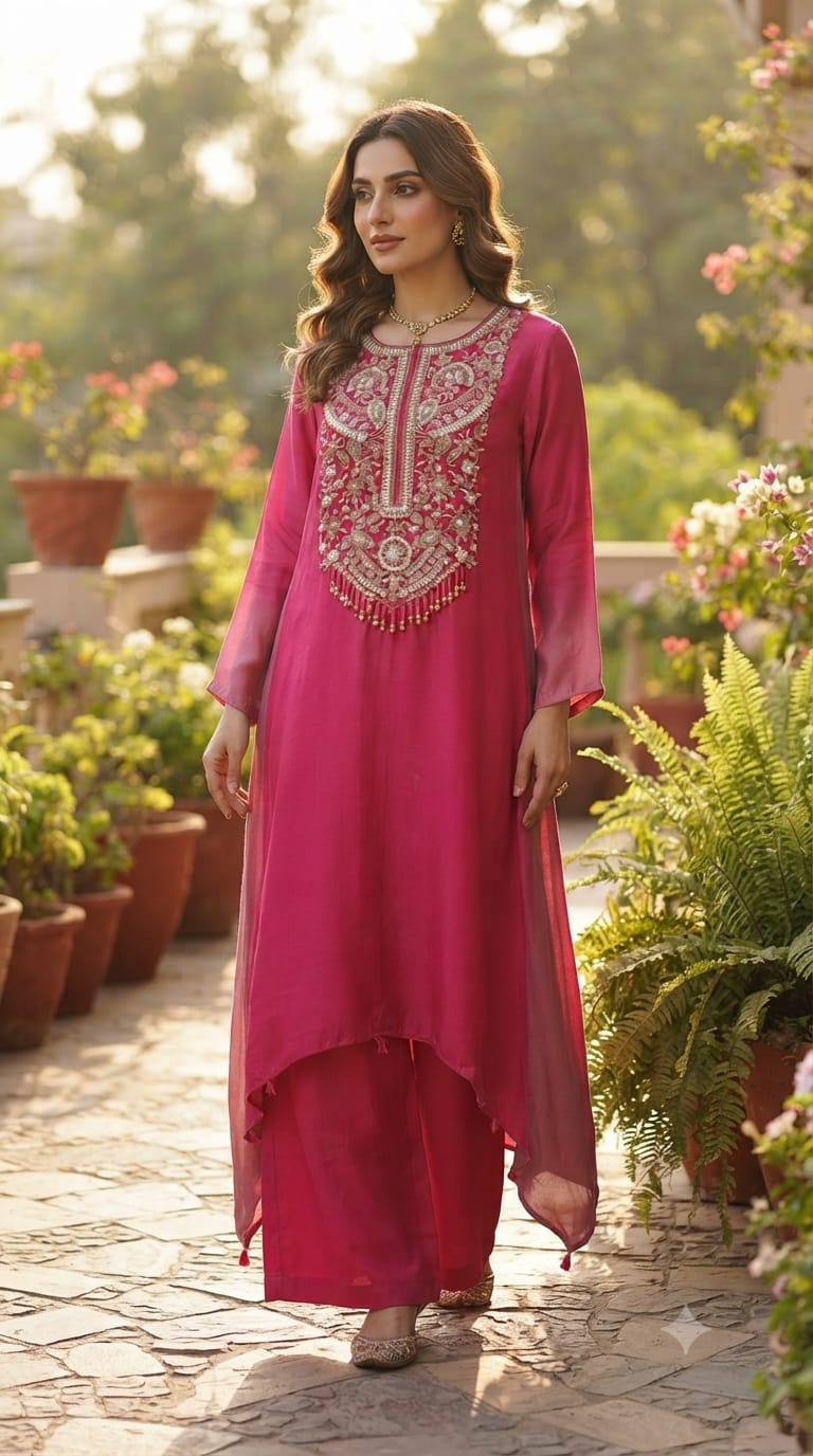 Magenta Pink Hand Embroidered Yoke High-Low Kurta With Wide-Leg Palazzo Set In Modal Satin Fabric- 14958