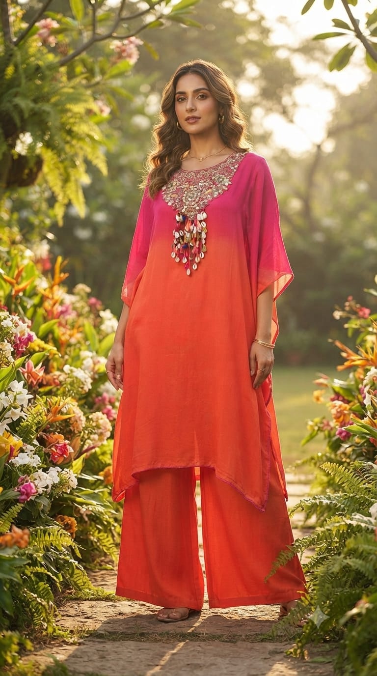 Ombre Pink and Orange Kaftan Kurta Pant Set with Cowrie Shell and Tassel Embellishments- 13261