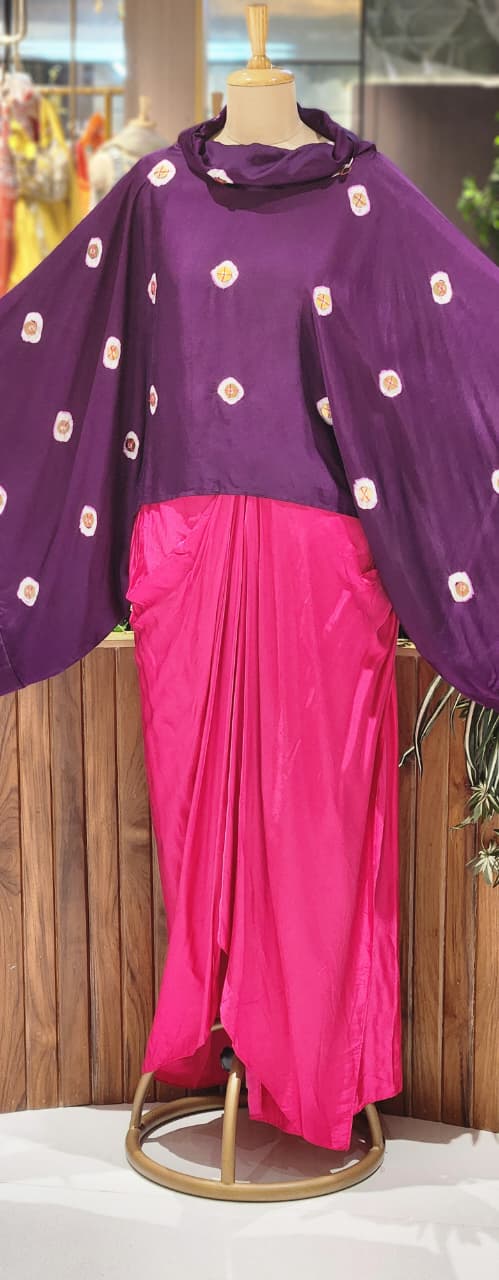 Purple Bandhani Print Cape Top with Fuchsia Pink Dhoti Skirt Bottom Modal Satin Indo-Wear- 14955