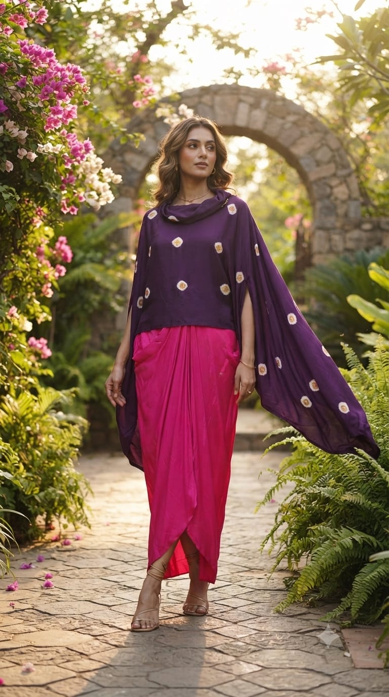 Purple Bandhani Print Cape Top with Fuchsia Pink Dhoti Skirt Bottom Modal Satin Indo-Wear- 14955