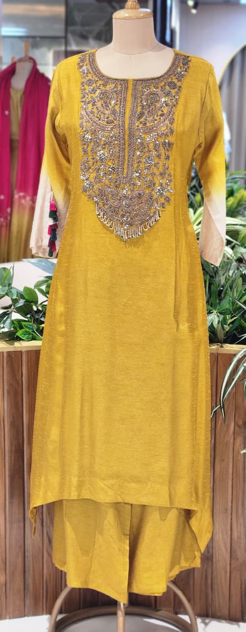 Mustard Yellow Embroidered Multi-Colored Hanging Tassels Long Kurta with Wide-Leg Palazzo Set- 13250