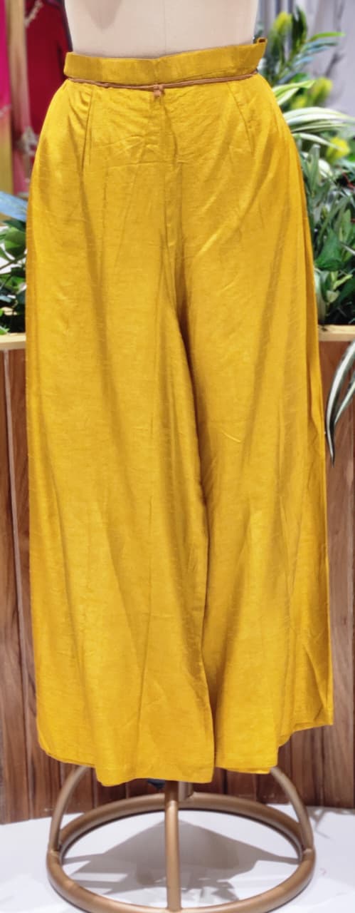 Mustard Yellow Embroidered Multi-Colored Hanging Tassels Long Kurta with Wide-Leg Palazzo Set- 13250