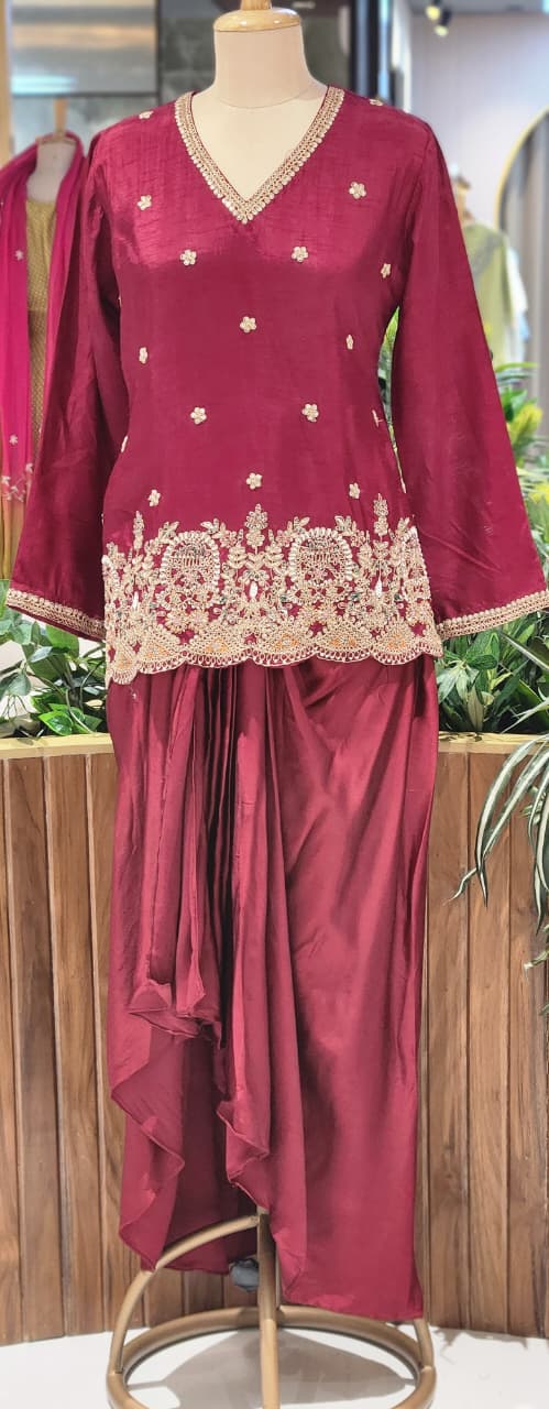Regal Charm Glowy Embroidered Short Kurta and Draped Dhoti Skirt Set In Russian Silk Fabric- 13256
